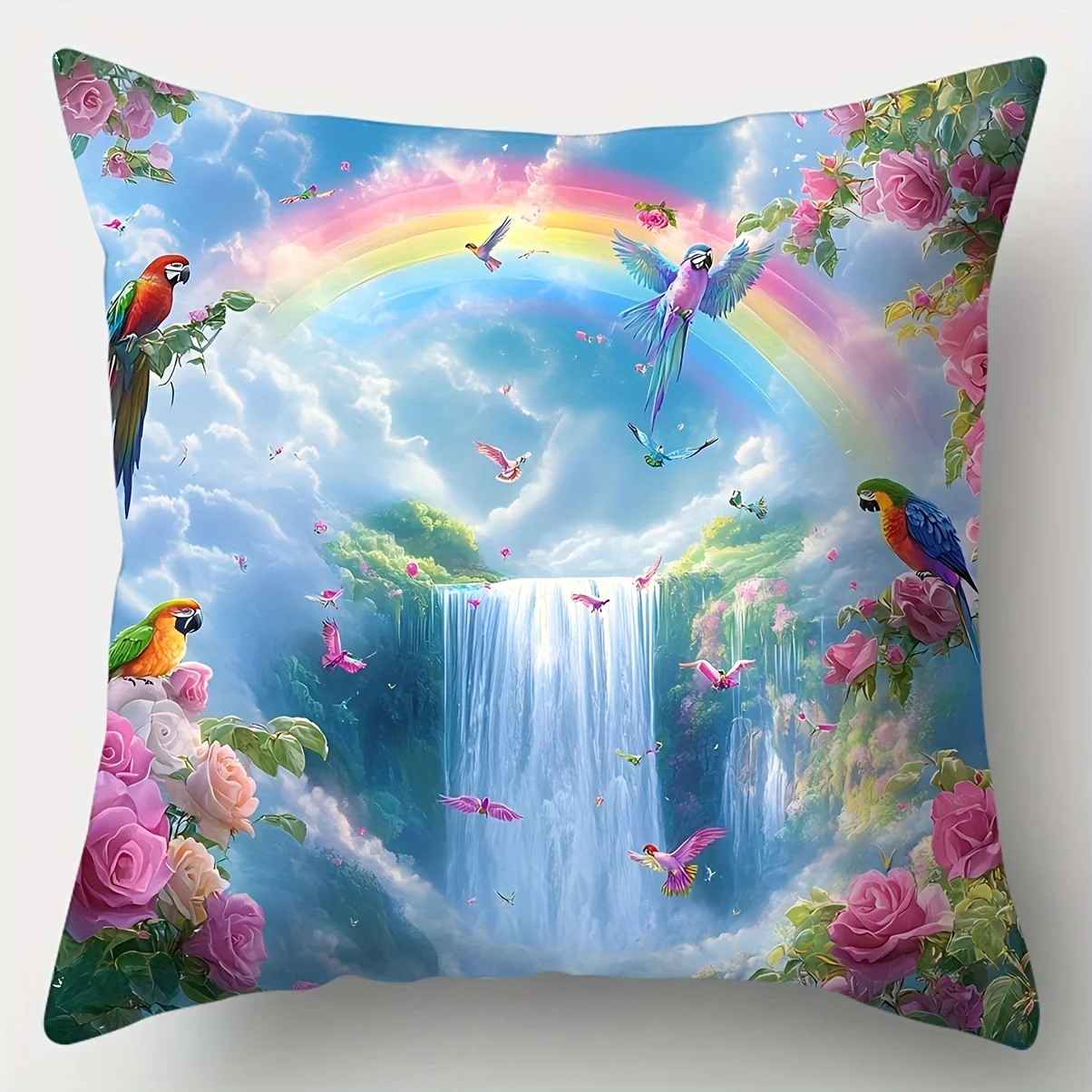 1pc 2D Flat (Pillow Not Included) Parrot Waterfall Rainbow Roses Cushion Cover Short Plush Fantasy Nature Decor Throw PillowCase