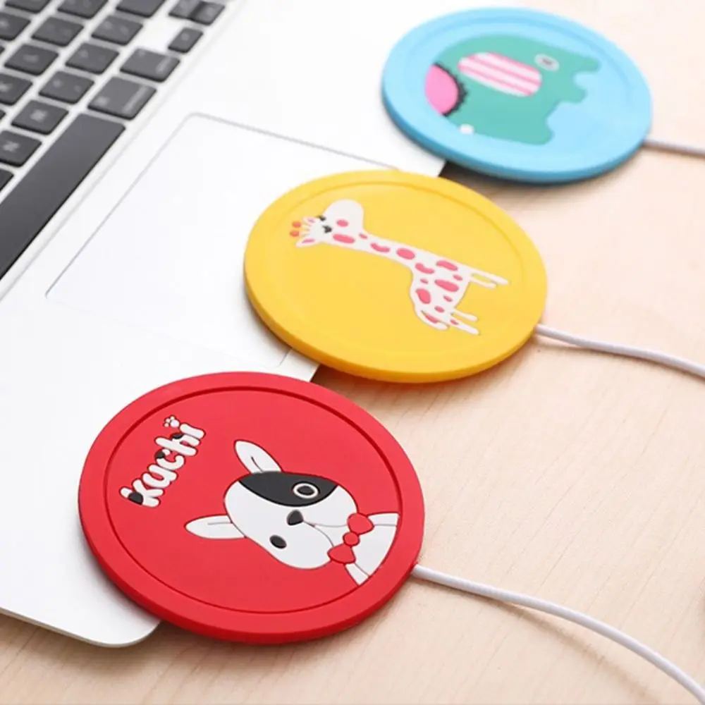 Cute Silicone USB Cup Warmer Pad Round with USB Charging Cable USB Cup Heater Tray Cartoon Animal Pattern Heating Cup Mat Winter