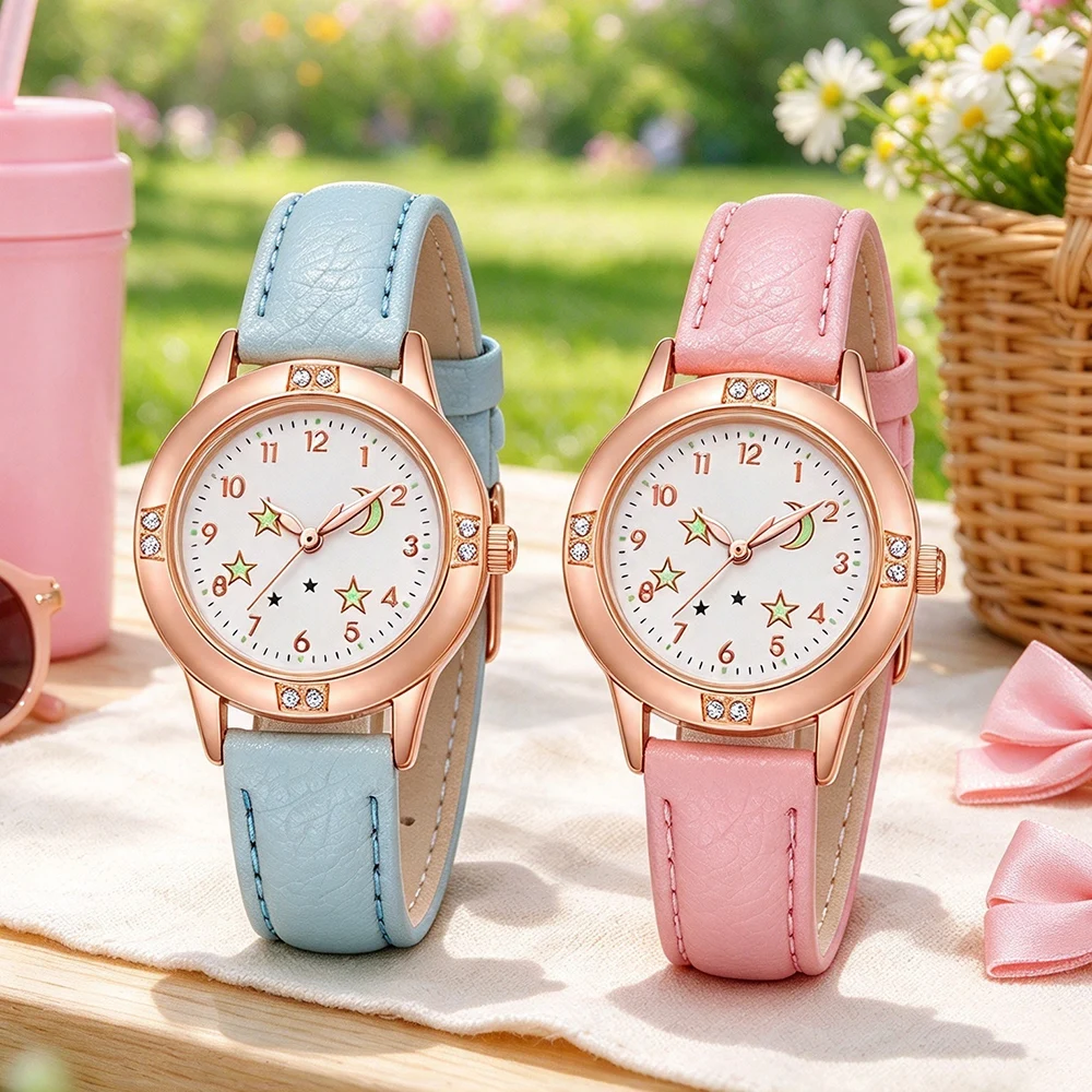 Cute Rhinestone Girls Watches for Kids Rose Gold Case PU Leather Strap Star Moon Women Watch Ladies Quartz Clock Birthday Gift