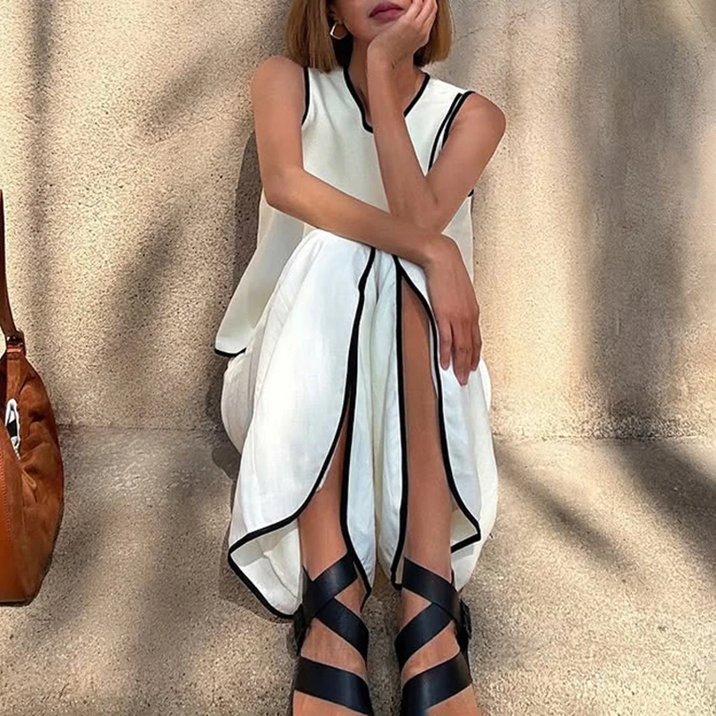 Tornova Contrast Vest Pak Dames Cross O Hals Mouwloos Top Losse Broek Dames 2025, Mode Casual Broek Tweedelige set