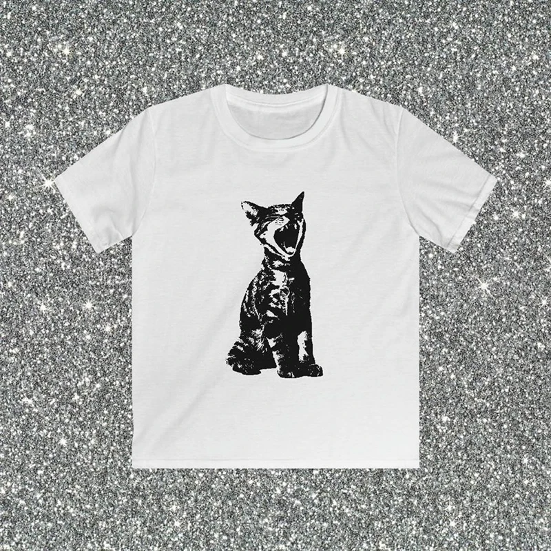 Cute tops Short Sleeve T-Shirt Y2k Clothes Gothic Emo Girl Croped Tops Fun Kitten Print Vintage Women Casual Baby Tee Streetwear