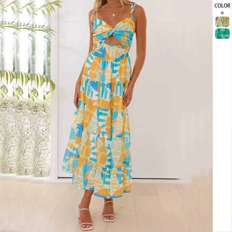 

Summer Women's Dress New Feature Printed Suspender Sexy Hollow Loose Casual Beach Vacation Sundress Long Dresses vestidos