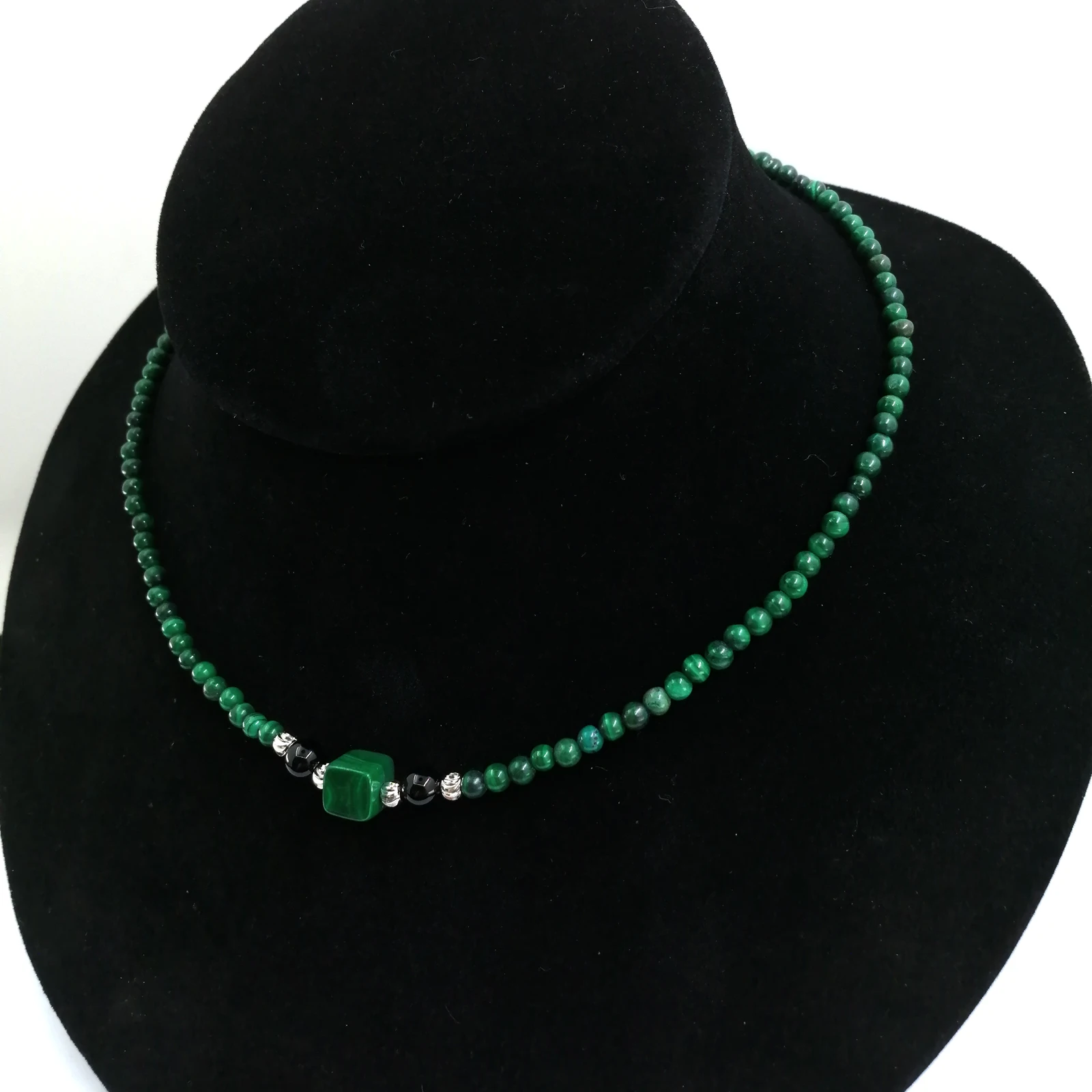 Elegant Malachite Beaded Necklace - Delicate 4mm Malachite Rounds with 8x8mm Square and 6mm Black Onyx Beads Adjustable Length