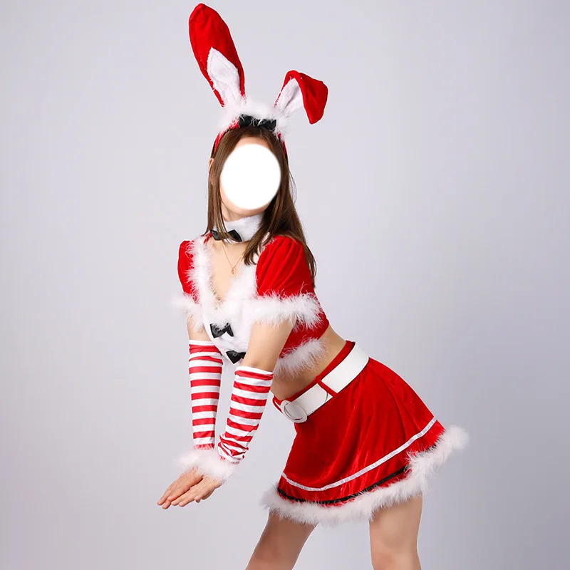 2023 Christmas Party Women Sexy Top Skirt Bunny Santa Costume Red Velvet XMAS Fluff New Year Christmas Cosplay Cute Fancy Dress