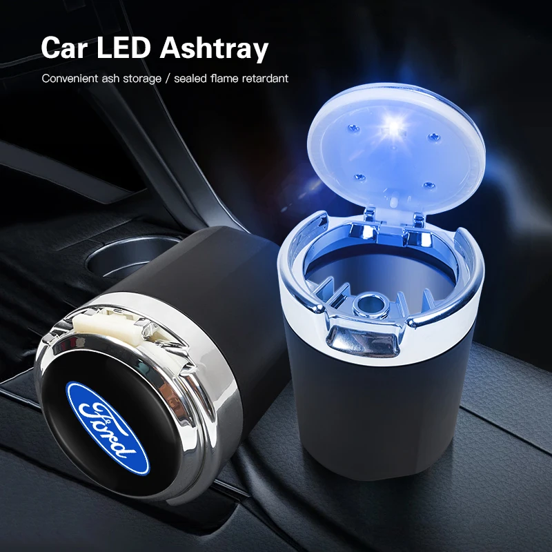 Car Interior accessories Ashtray LED Light Portable Smoke Ashes Holder For Ford ST Line Focus Mustang Fiesta Puma Ranger Kuga