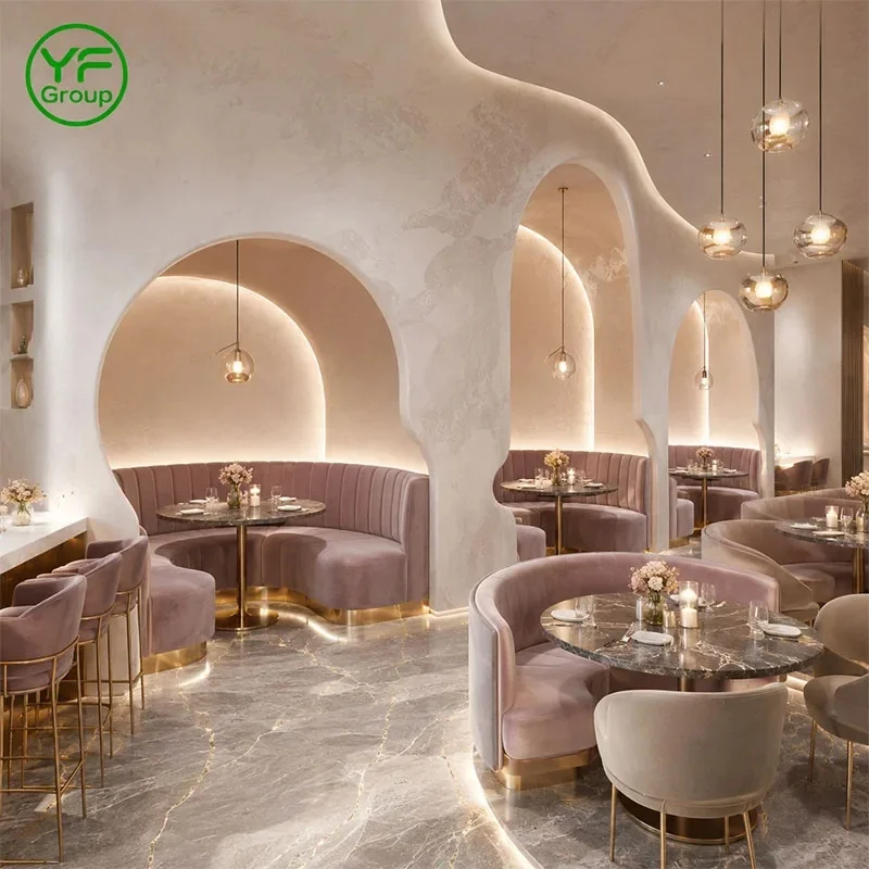 Wholesale Custom Restaurant Furniture Modern Wooden Velvet Curved U-Shape Booth Seating and Table Chair Set Cafe Hotel