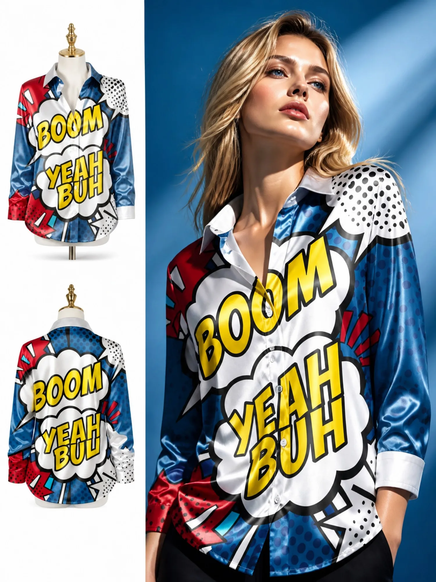Camisa de satén con botones Comic Boom para mujer, blusa de manga larga con estampado de letras Pop Art en azul y rojo, top informal de moda urbana.