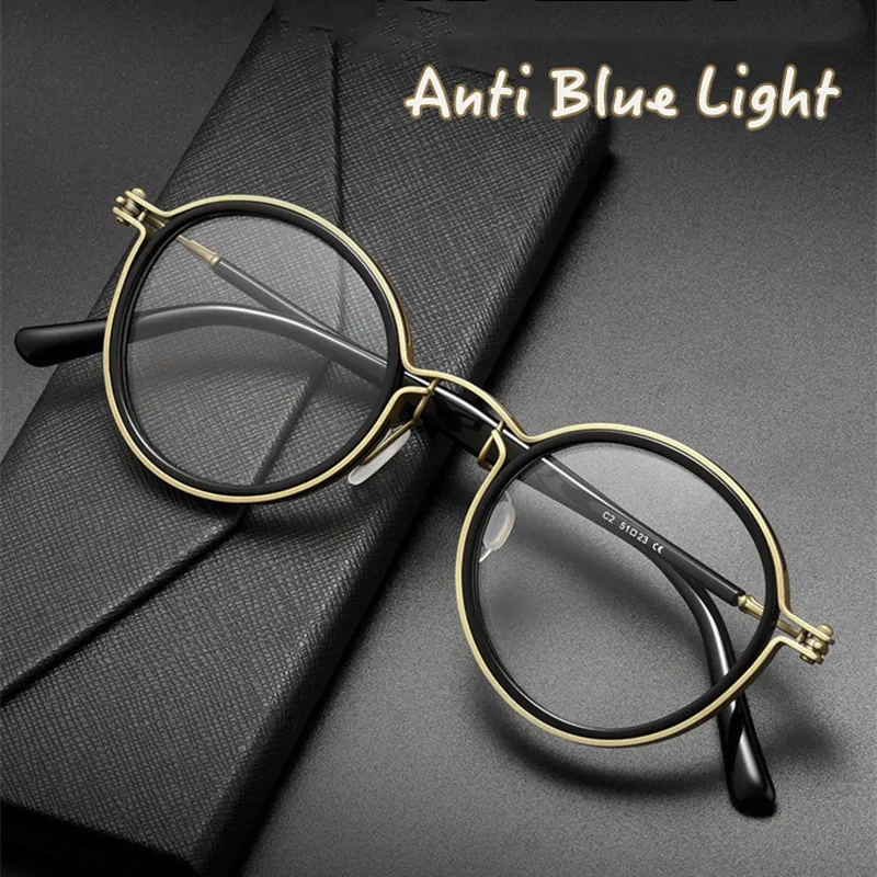 Brand Design Stainless Steel Photochromic Anti Blue Light Reading Glasses for Men and Women Retro Round Optical Eyewear Frame