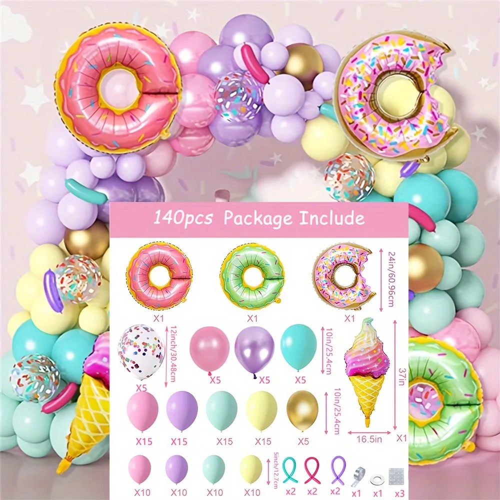 140PCS Donut Ice Cream Balloon Arch Set Birthday Party Spring/Summer/Autumn Party Swimming Pool Balloon Decoration