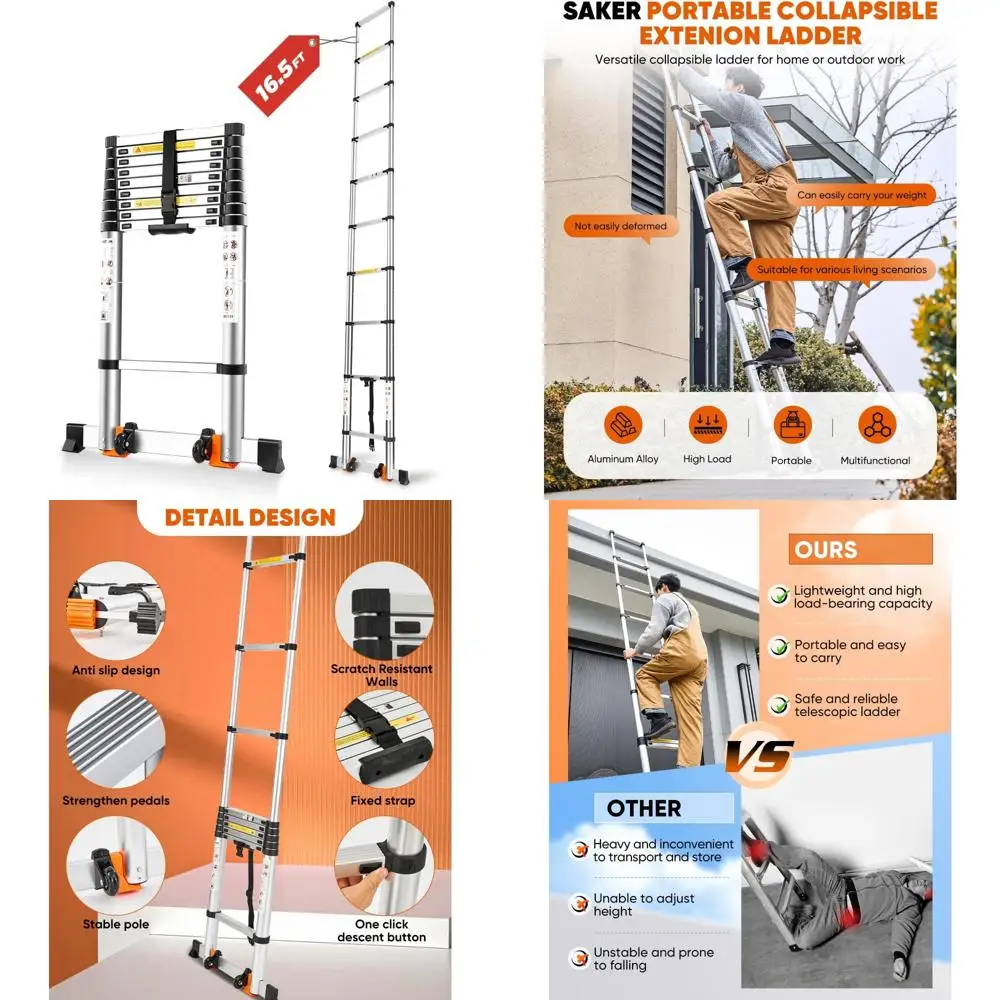 

складная алюминиевая лестница длиной 16,5 фута — легкая, емкость 330 фунтов, портативная для многоцелевого использования.