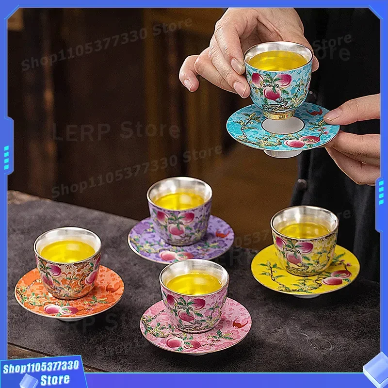 Sterling Silver Enamel Teacup Chinese Kung Fu Master Cup Ceramic Nine Peach Design Light Luxury Tea Set Creative New Year