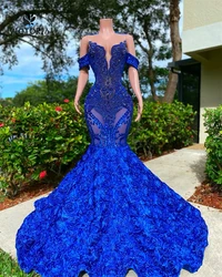 Royal Blue Rose Train Crystals Mermaid Prom Dress For Black Girls 2024 Elegant Dress For Wedding Party Black Girls Evening Gowns