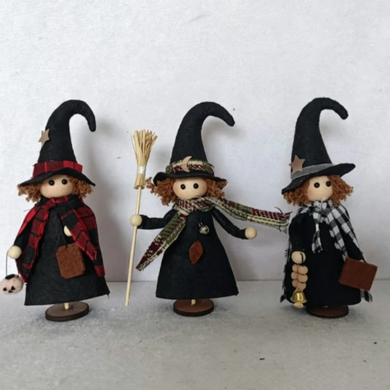 3PCS Vintage Witch Cat & Dog Figurine Set Rustic Fabric Cartoon Animals with Witchy Hat Halloween Party Ornaments Tabletop Decor