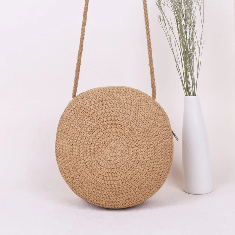 Minimalist Straw Bags Round Crossbody Purse Women Shoulder Vocation Style Handbag Small Round Crossbody Bags Mobile Phone Bag
