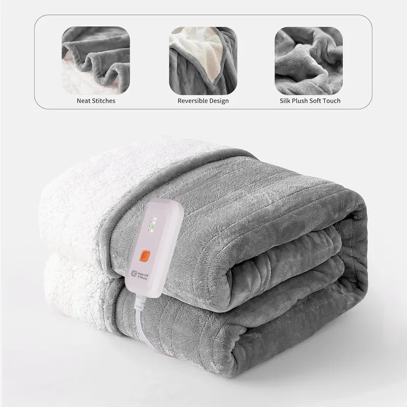 Heated Blanket Electric Throw 50''X60''-Soft Silky Plush Electric Blanket with 4 Heating Level & 3 Hour Auto Off Heating Blanket