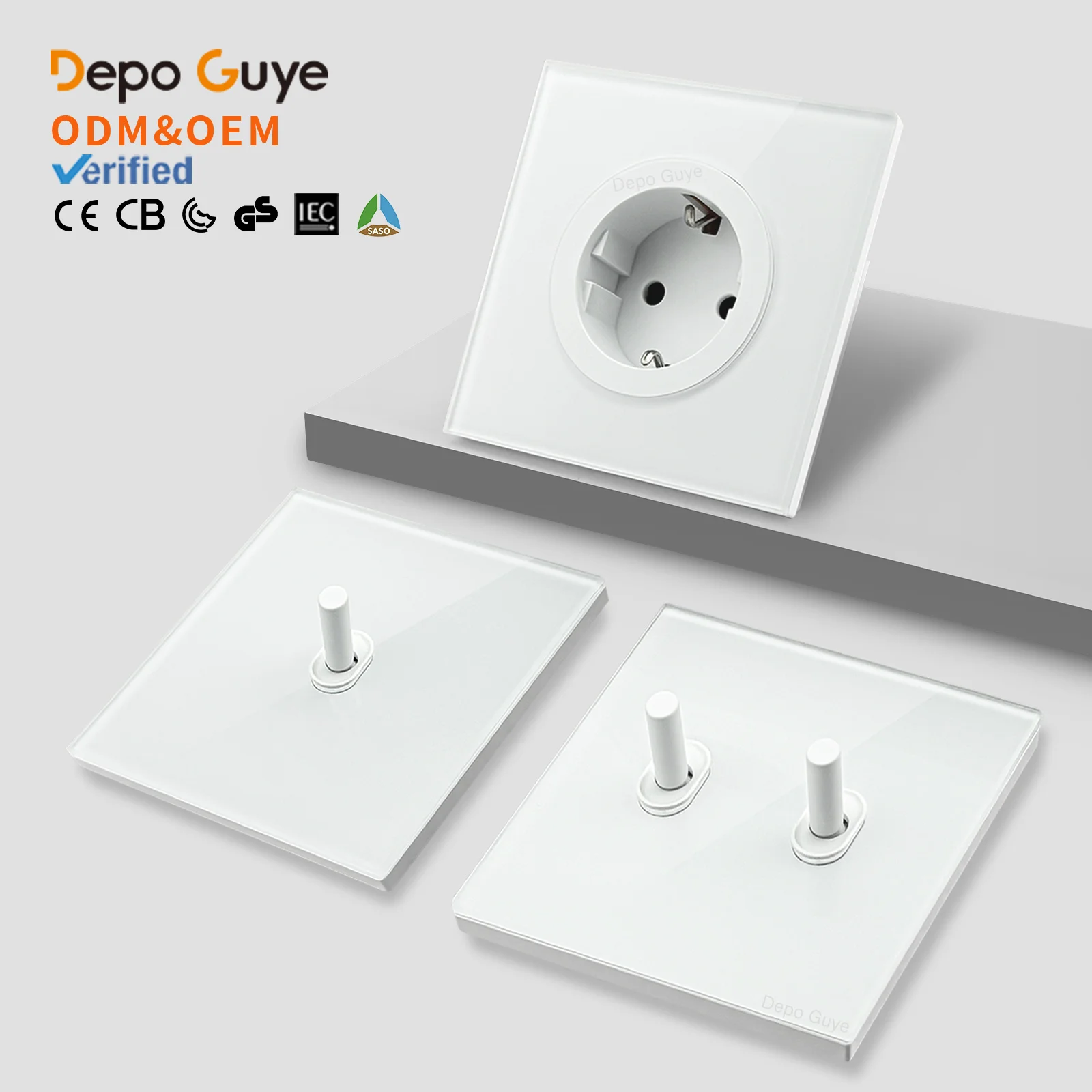 

Wall Toggle Light Switch EU French White Glass Panel European Power Socket With Dual Type-c 20W Fast Charge Port Outlet 86*86mm