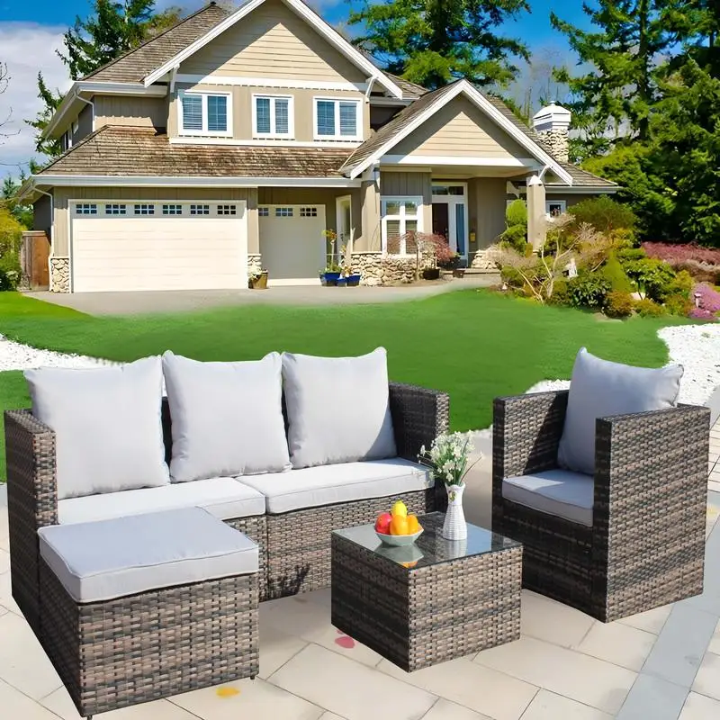 

4-Piece Outdoor Rattan Wicker Sofa Set with Cushions and Coffee Table - Grey Cushions