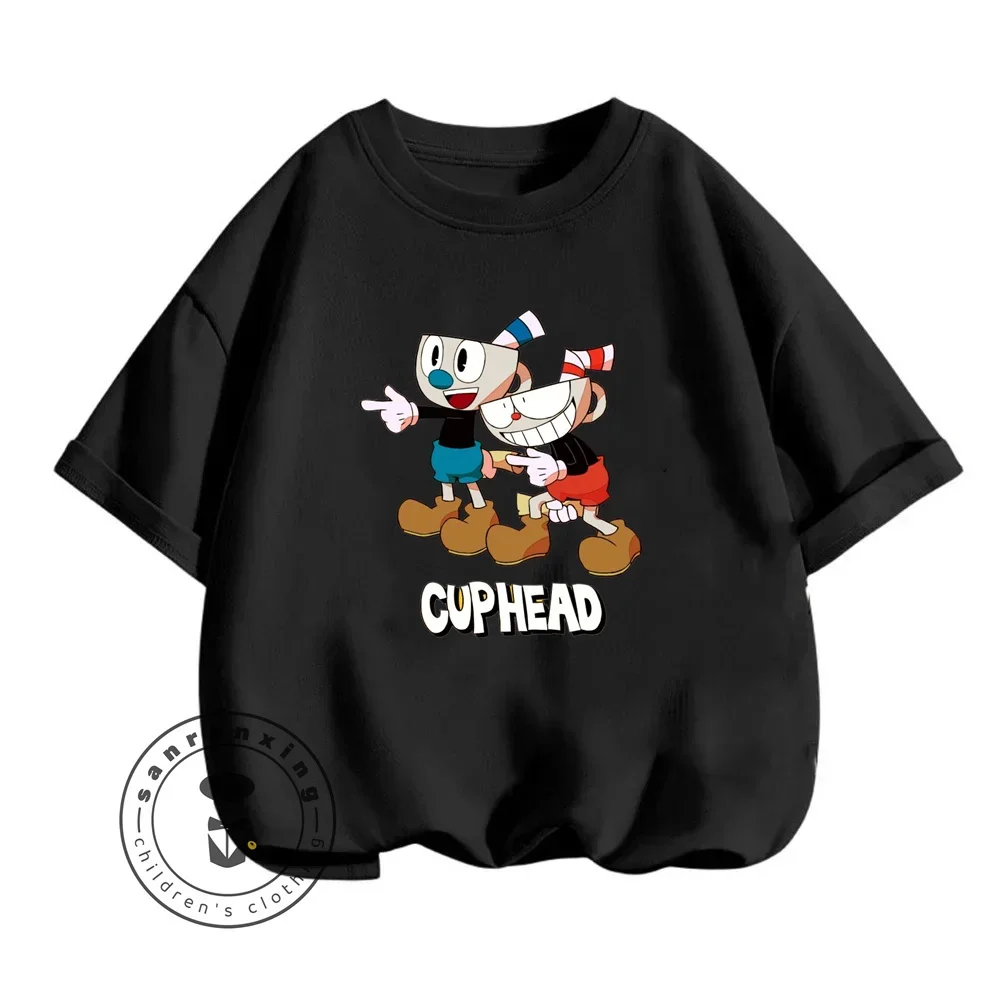 

Suitable for Summer Kids Daily Wear Vibrant Cuphead Game Themed Cartoon Character Print Design O-neck Casual Style Short Sleeved