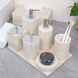 Beige Travertine Bathroom Accessories Set Natural Marble Soap Dispenser Soap Dish Toiletries Set Vanity Tray Kit Bathroom