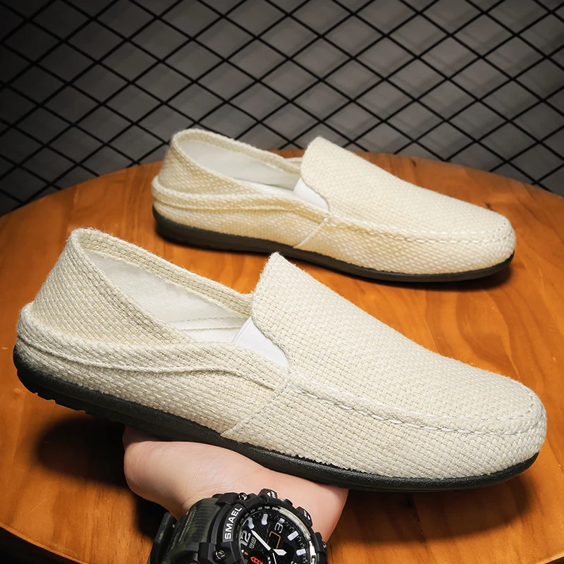 Men Casual Shoes Flax Breathable Male Slip On Sneakers Lightweight Canvas Shoes Classic Linen Loafers Driving Shoes