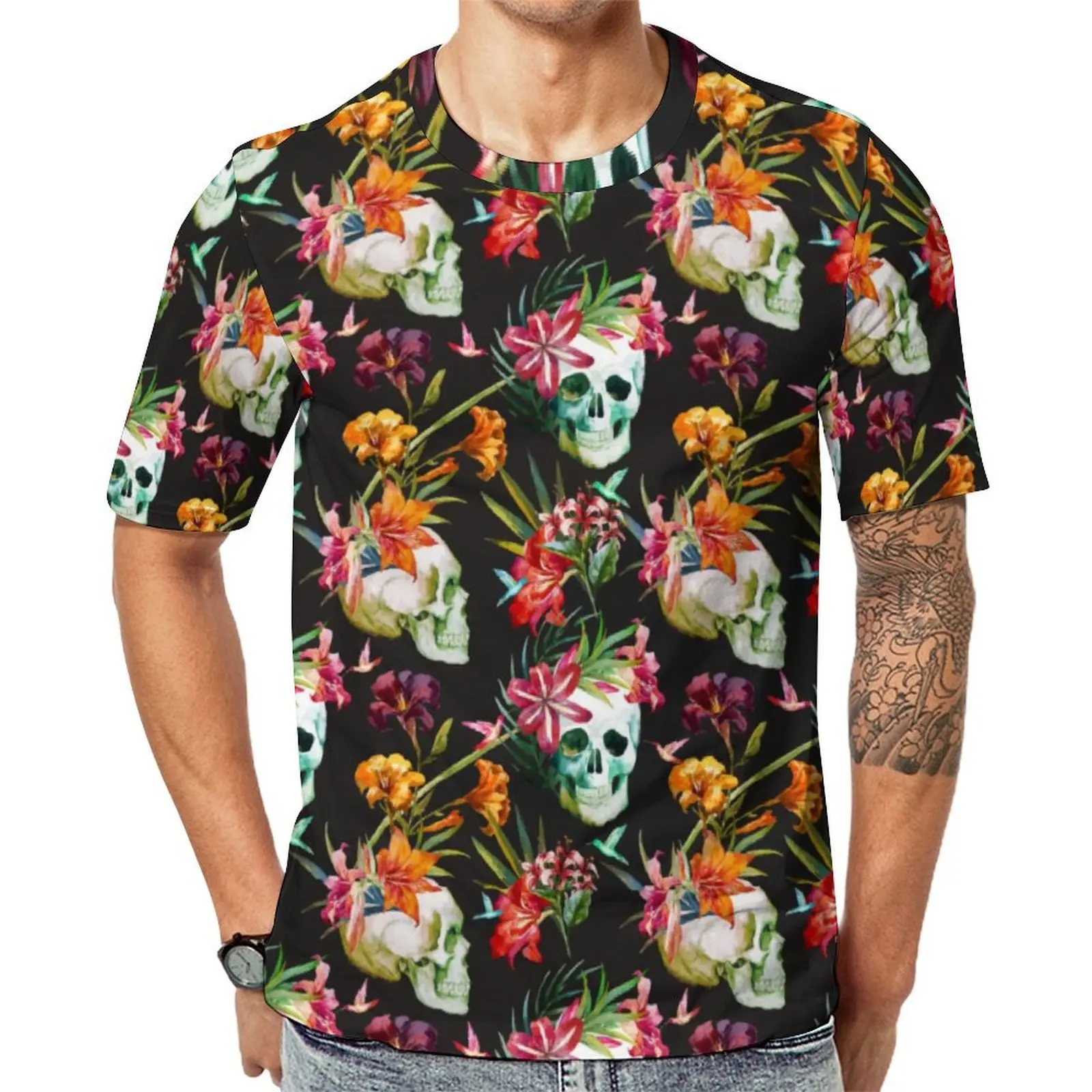 Floral Skull Print T Shirt For Male Halloween Spooky Scary Skulls Graphic O Neck T Shirts Summer Harajuku Tops Plus Size Tees