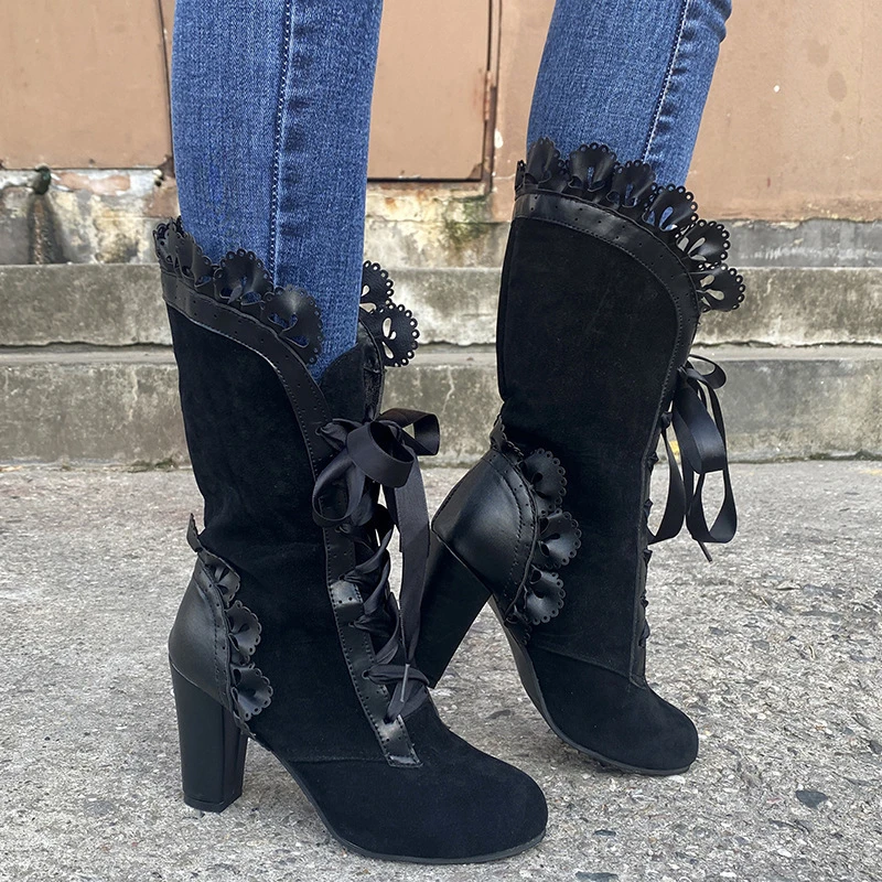Fashionable Mid Length Boots 2024 Autumn Winter New Design Sense Lace Women's High-heeled Leather Boots in Large Zapatos Mujer - Image 3