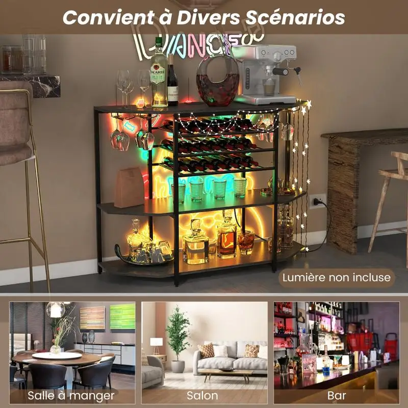 Estante para Vinos Industrial de 3 Niveles con Enchufes, Porta Botellas y Porta Copas, Mueble Bar para Vinos, Gris