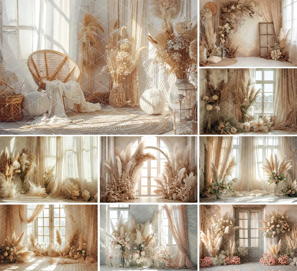 

Mehofond Photography Backdrop Boho Wall Pregnant Portrait Girl Birthday Party Pampas Grass Window Curtain Decor Photo Background