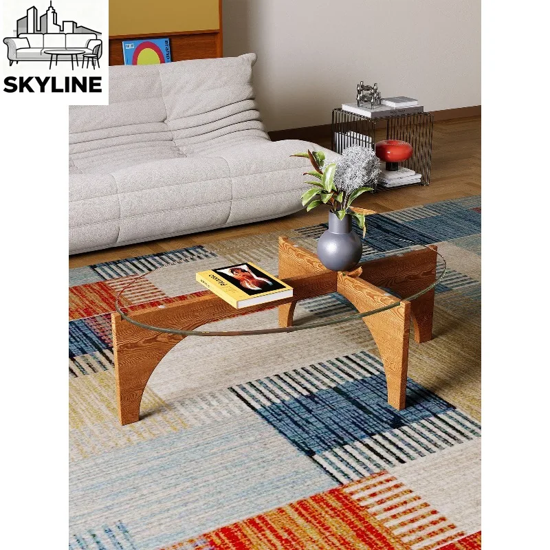 Oval Tempered Glass Coffee Table, Solid Wood Frame Light Luxury for Small Apartment