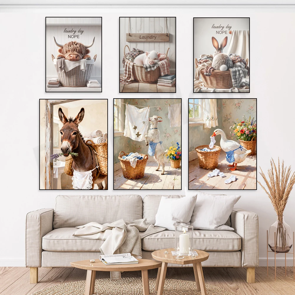 Laundry room posters featuring alpacas, donkeys, sheep, Highland cattle, and cute animals in laundry baskets.