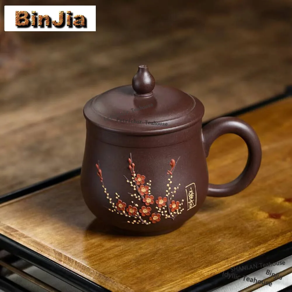 

350ml Classic Yixing Purple Clay Office Water Cup Handmade Plum Blossom Personal Tea Mug with Handle Chinese Zisha Tea Set Gifts