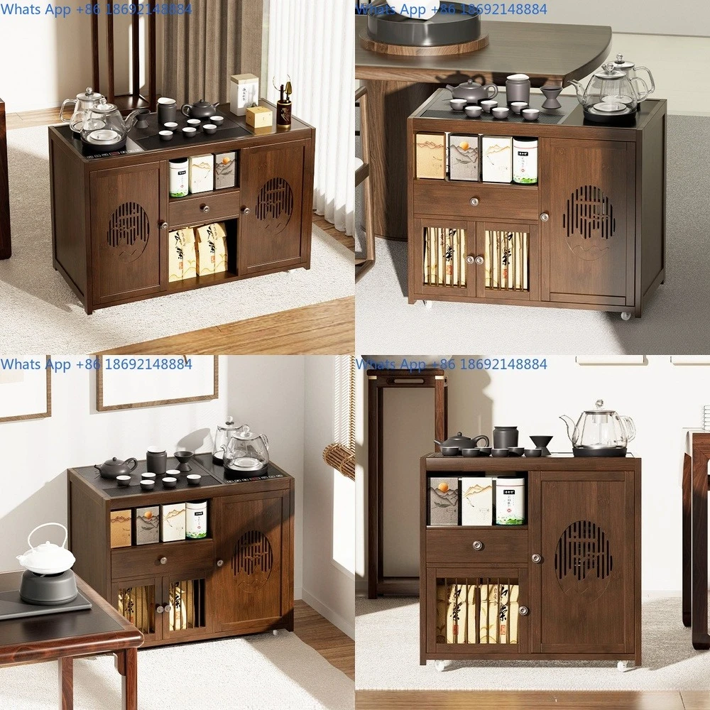 

Portable Chinese Style Tea Table with Wheels Living Room Balcony Cart Integrated Kettle Cabinet