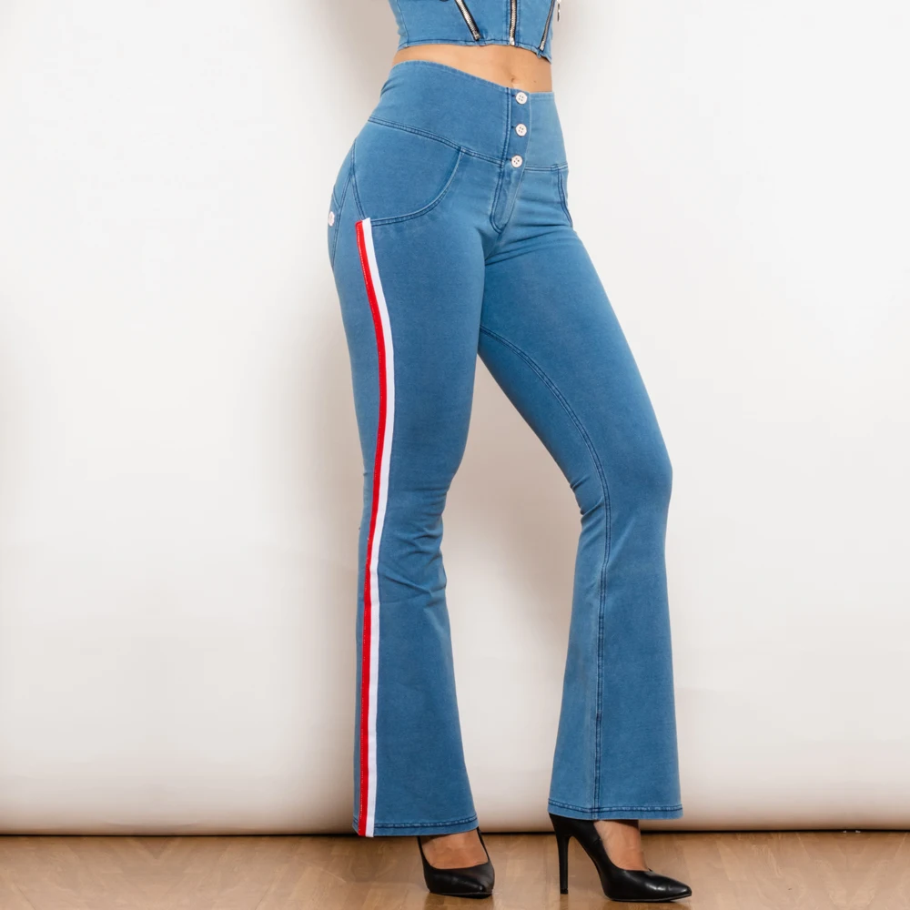 Shascullfites Melody Stripe Light Blue Flare Butt Lift Slim Fit Jeans Women Flared Push Up Shaping Trousers