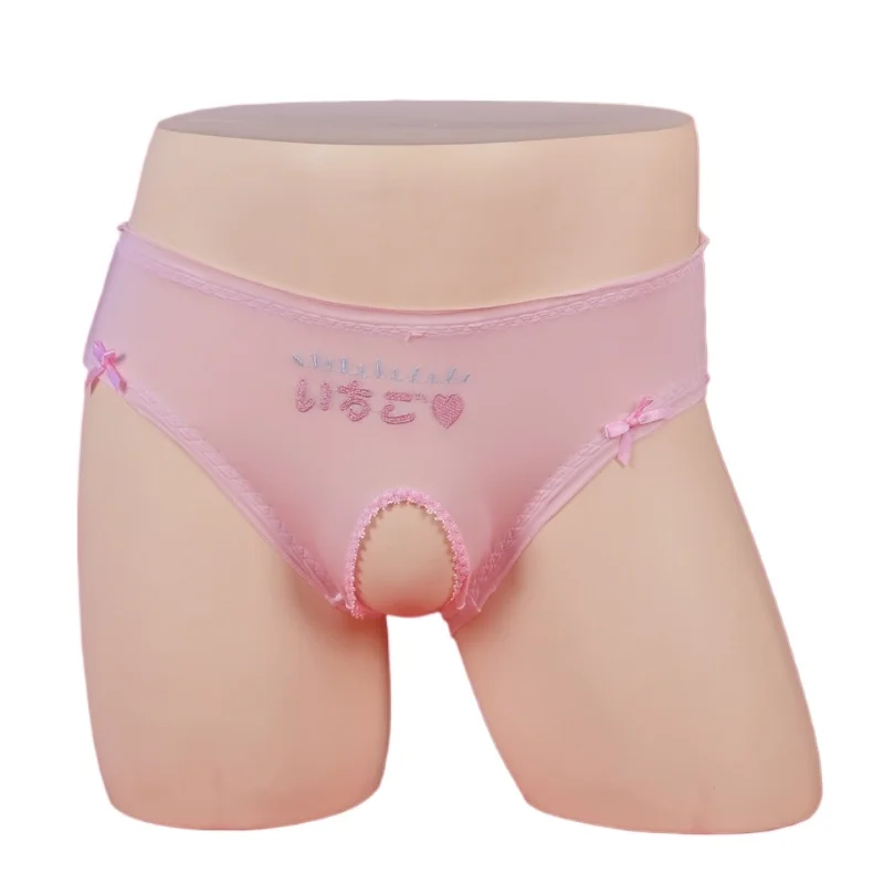 Damskie seksowne majtki, japońskie majtki biodrówki, jedwabiste, śliskie majtki, elastyczne majtki z otwartym kroczem, prześwitująca bielizna sissy.