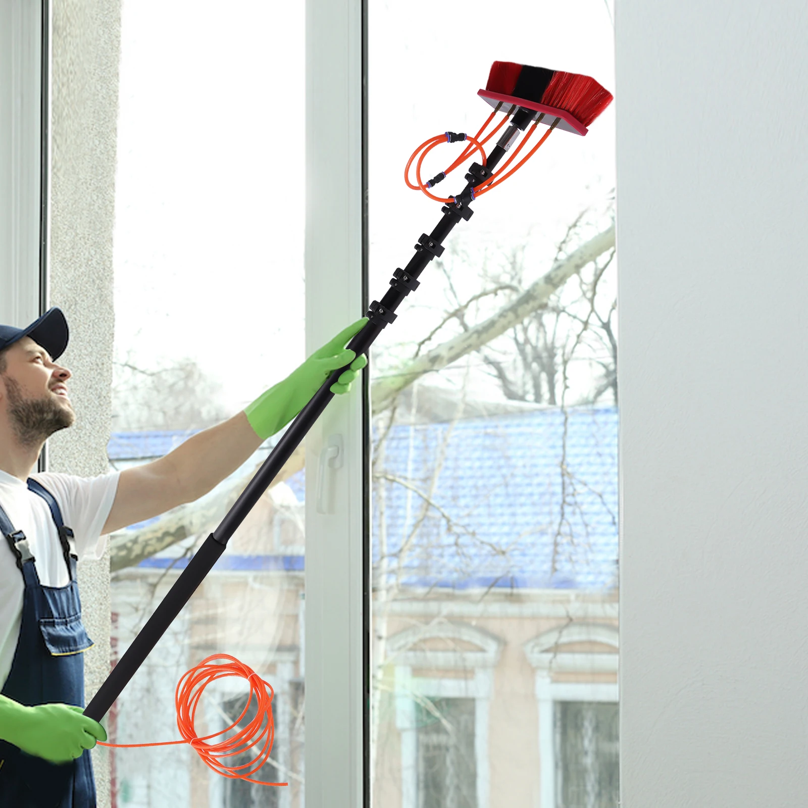 

24ft Length Water Fed Brush Cleaning System Washing Tool Water Fed Pole Kit with Hose for Window Glass, Solar Panel