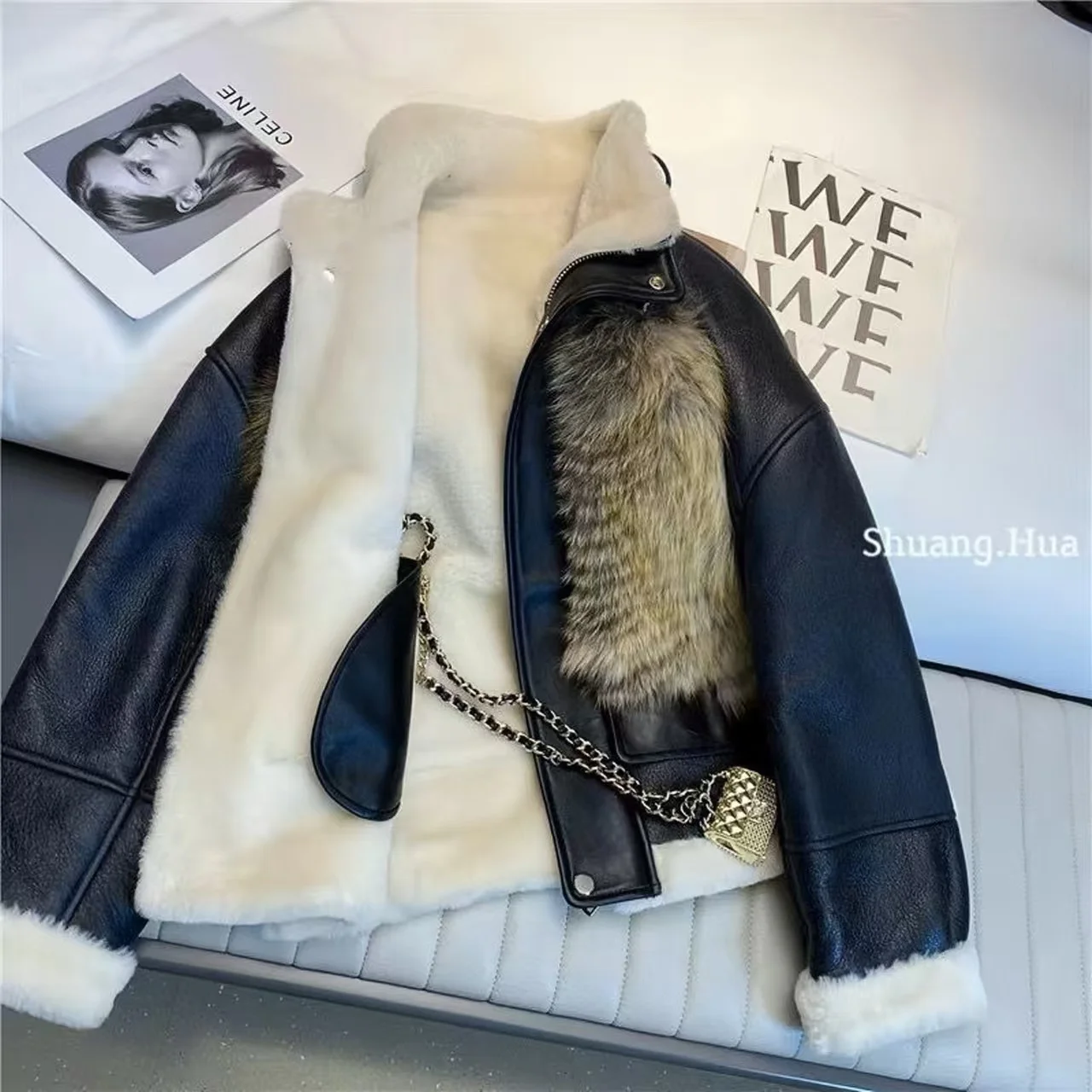 Faux Leather Coats for Women,Faux Fur Lining Jackets,Spliced Overcoat,Female Clothes,Turn-down Collar,Thicken Warm,New ,Winter