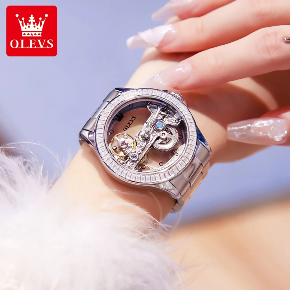 OLEVS-reloj mecánico totalmente ahuecado para mujer, pulsera de lujo a la moda con diamantes, elegante, automático