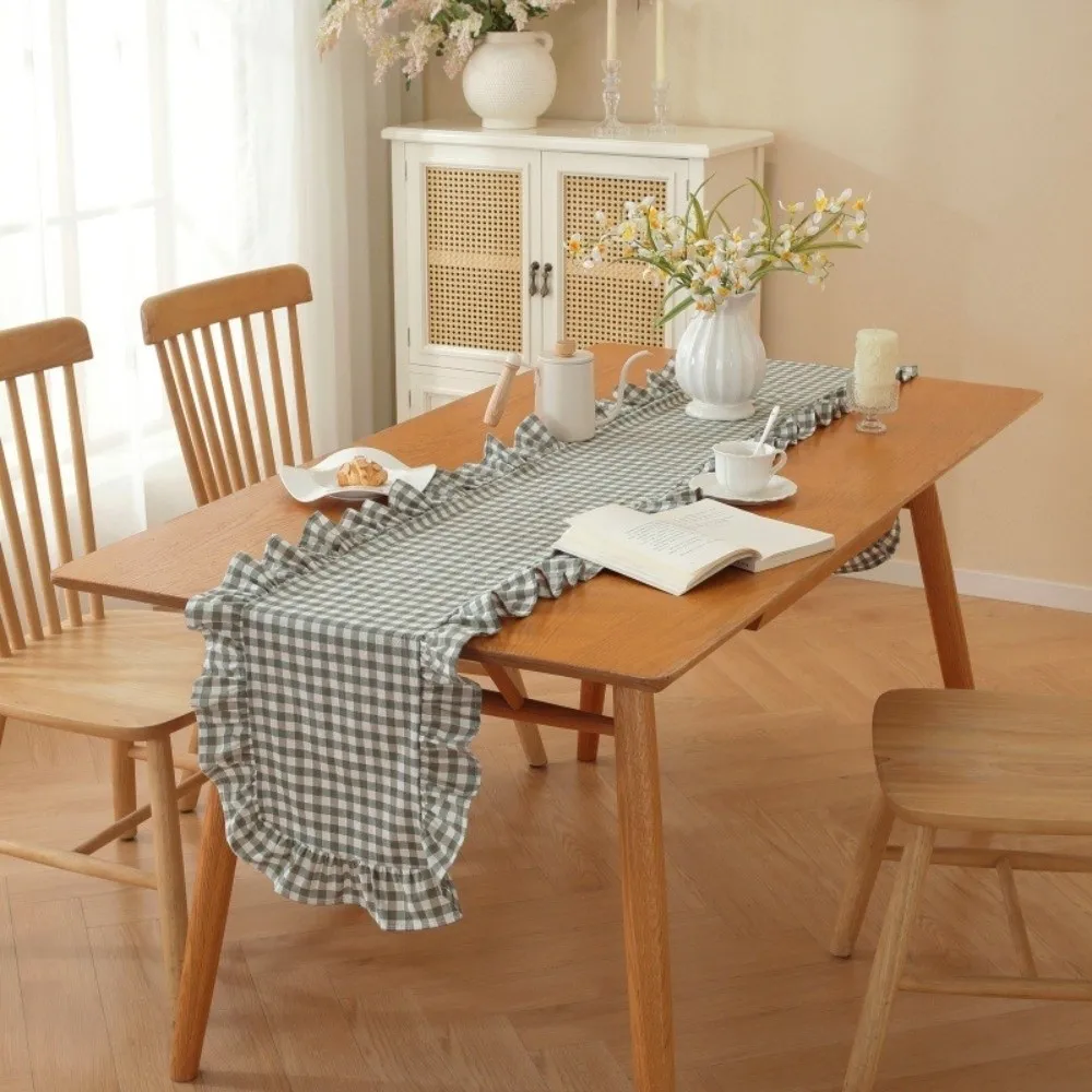 Washed Cotton Table Runner Ruffle Edge Soft Runner Washed Cotton Ruffle Rectangular French Vintage French Vintage Gingham Table