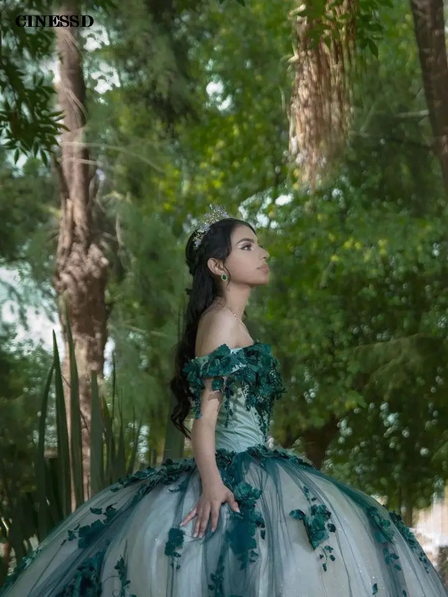 Роскошные изумрудно-зеленые платья для Quinceanera 2023 бальное платье с цветочной аппликацией с кристаллами милые платья на шнуровке для дня рождения на заказ