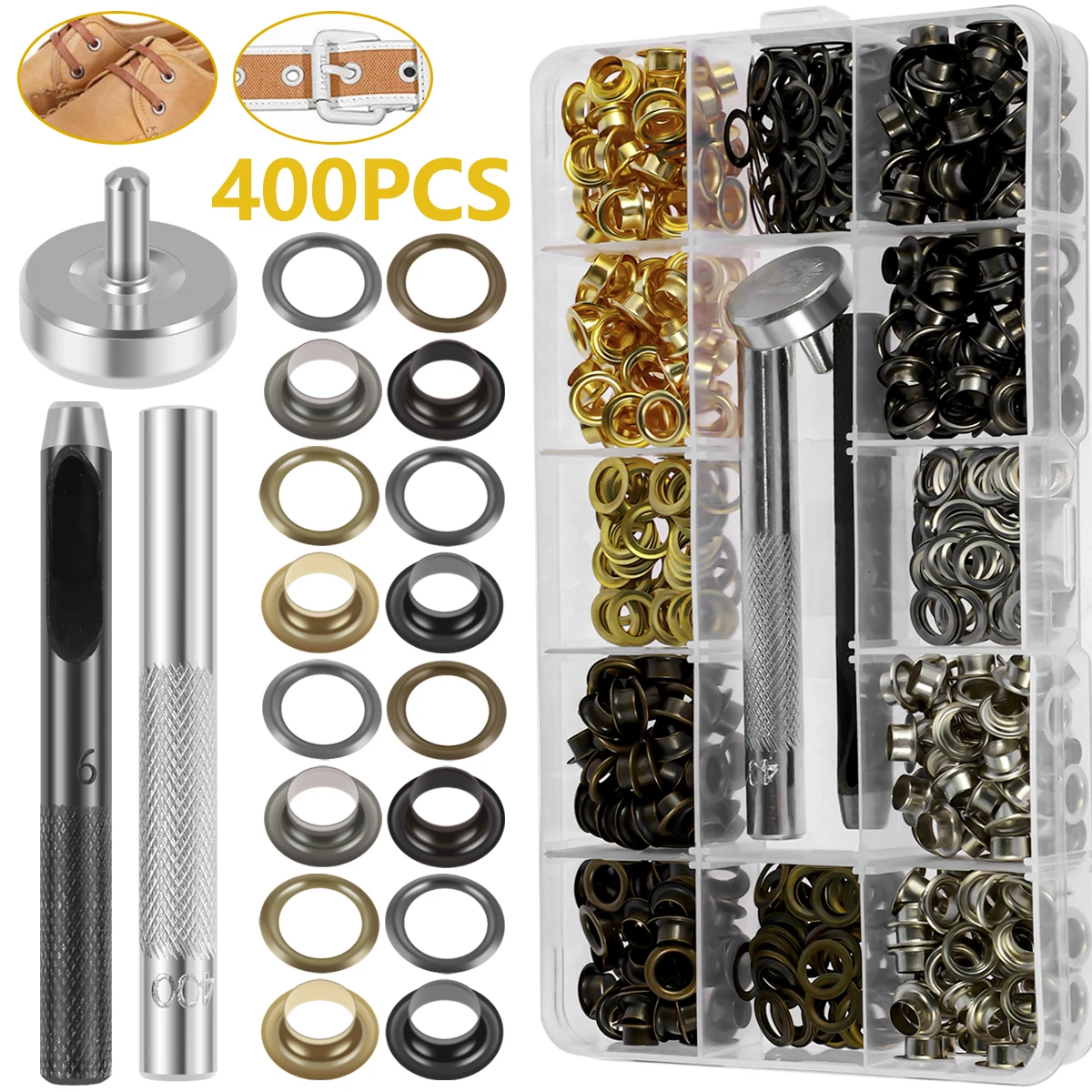 400 Set Grommet Kit Brass Eyelets Hole Punch Tool Manual Grommet Press Machine Grommet for Fabric Leather Canvas Clothing Shoes