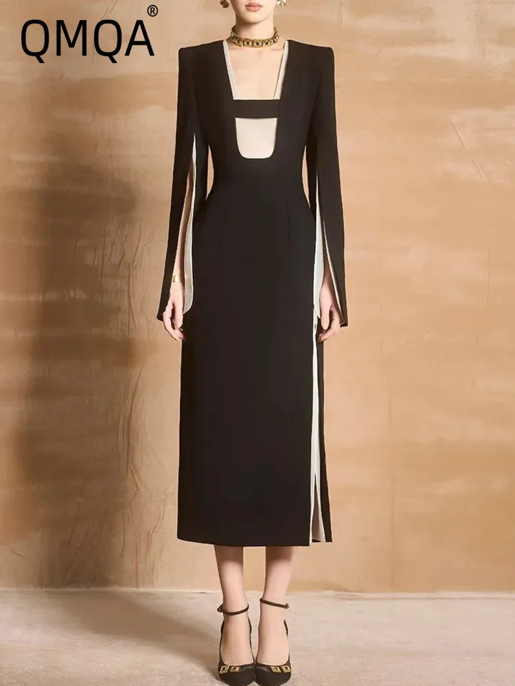 

QMQA Fashion Women's French Niche Dresses Square Collar Split Long Sleeved Waist Elegant Party Dress Autumn New Clothing 1A186