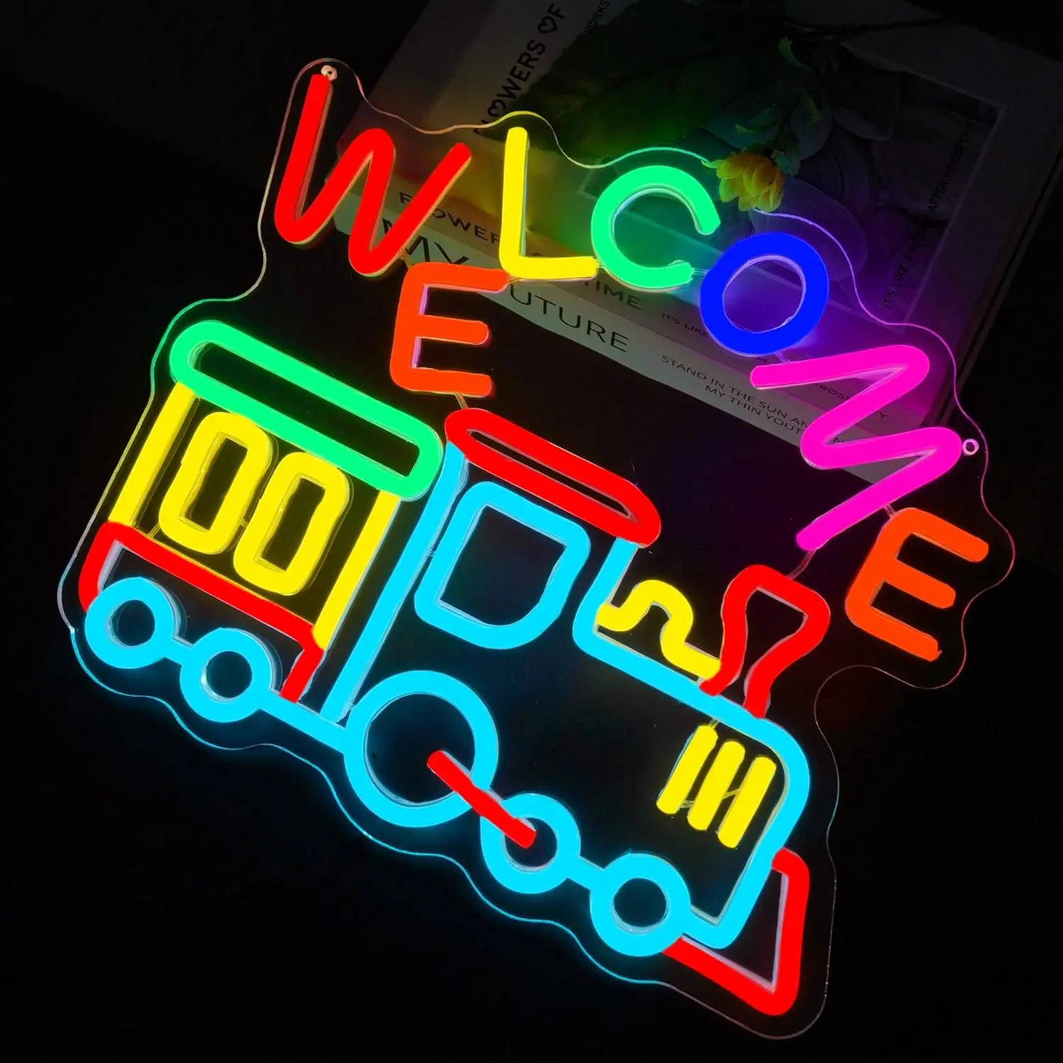 Welcome Train Neon Sign Colorful LED Neon Light USB Powered for Home Kids Room Playroom Train Party Birthday Decor Gift Dimmable
