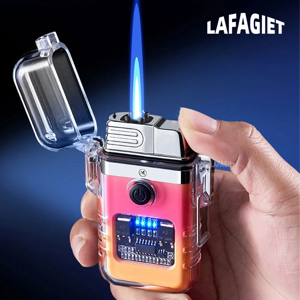 2 In 1 Waterproof Electric Lighter Refillable Butane Gas Jet Flame Lighter Type-C Rechargeable Dual Arc Plasma Lighter Men Gifts