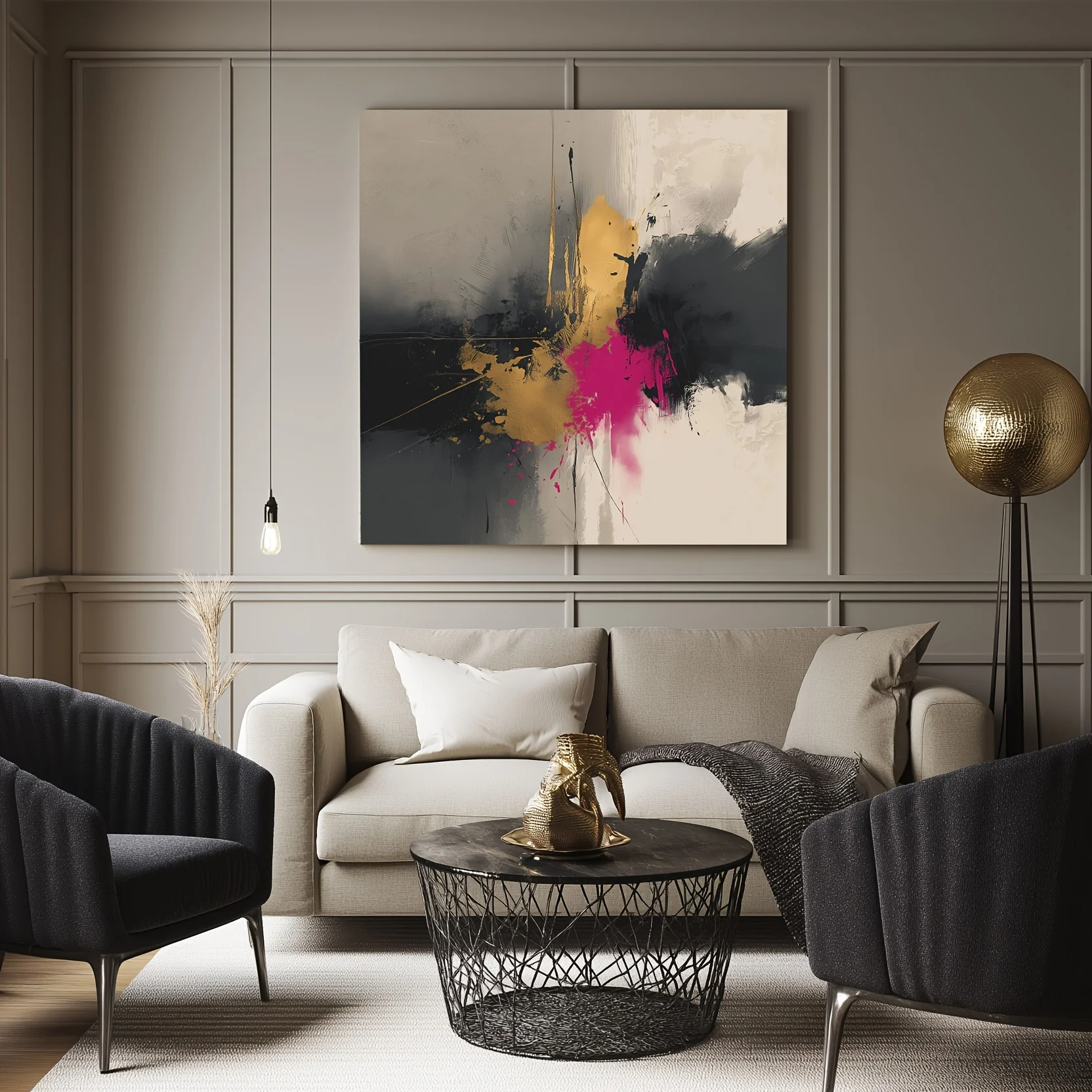 Mhemyo Abstract Hand-Painted Oil Painting Light Gray And Off-White Hazy Serene Atmosphere Suitable for Living Room or Home Decor