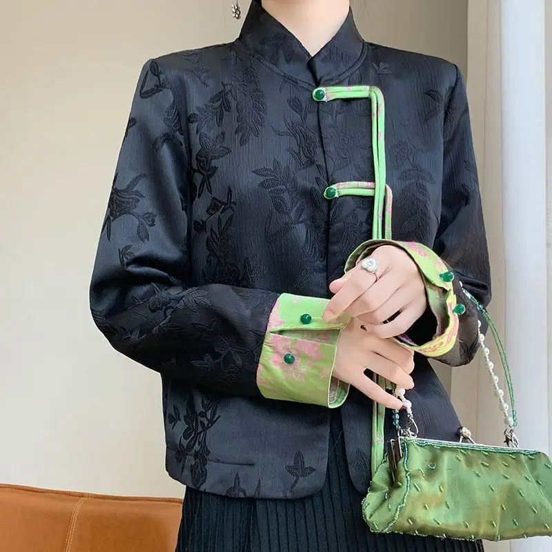Pink Imitation Silk New Chinese Jacquard Silk Suit Jacket New Versatile Jacket For Spring Autumn Frog Button Blazer White Jacket