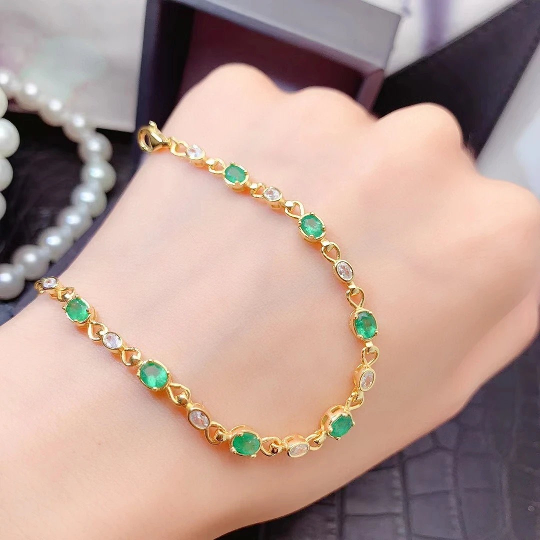 Colombian Emerald Bracelet for Wedding 3mm*4mm 0.7ct Emerald Silver Jewelry 18K Gold Plated Gemstone Bracelet