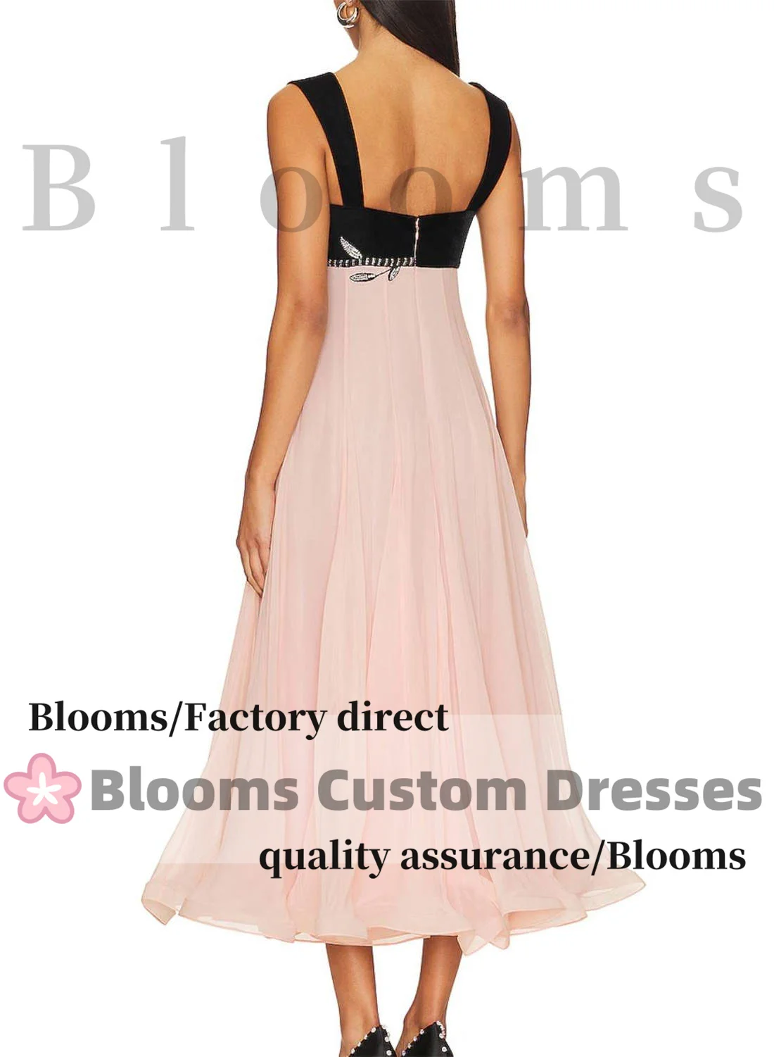 Blooms Customized Black Velvet Pink Chiffon Floral Crystal Evening Dress Sleeveless Sweet Prom Dress Birthday Formal Party Gown