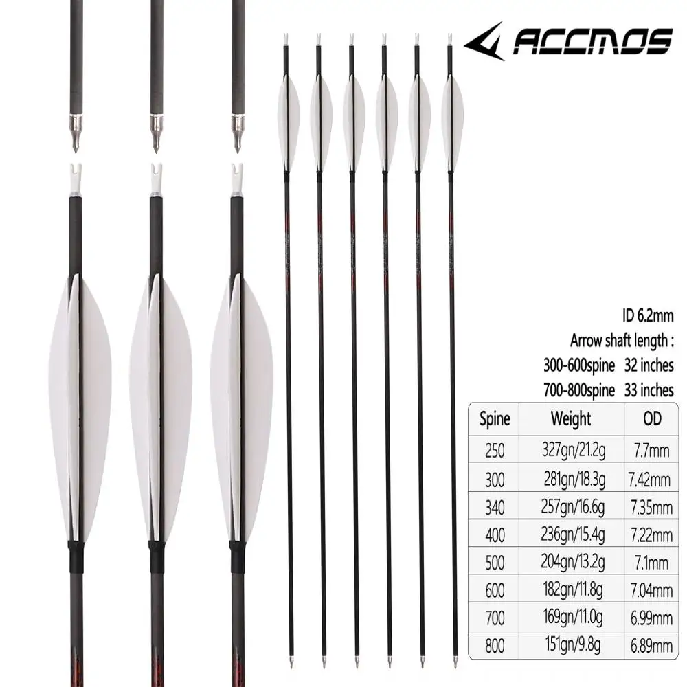 

Pure Carbon Arrow for Recurve, Compound Bow, Hunting Shooting Tools, Spine 250-800, 6, 12 Pcs, ID6.2mm