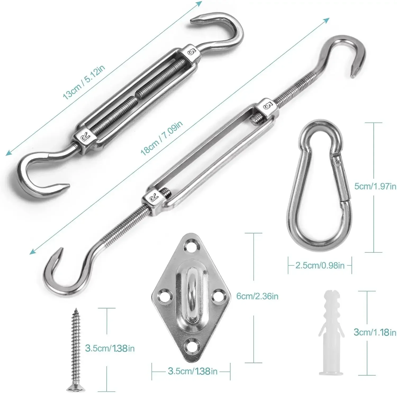 Awning Accessory Kit, Heavy Duty Awning Sail Stainless Steel Hardware Kit for Garden Triangles and Squares, Rectangles, Fixed Fittings