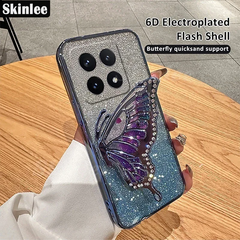 Case For Xiaomi 14T pro 14tpro Liquid Sand Butterfly Phone Holder Shockproof Case for Xiaomi 14T Pro 14 t pro14t